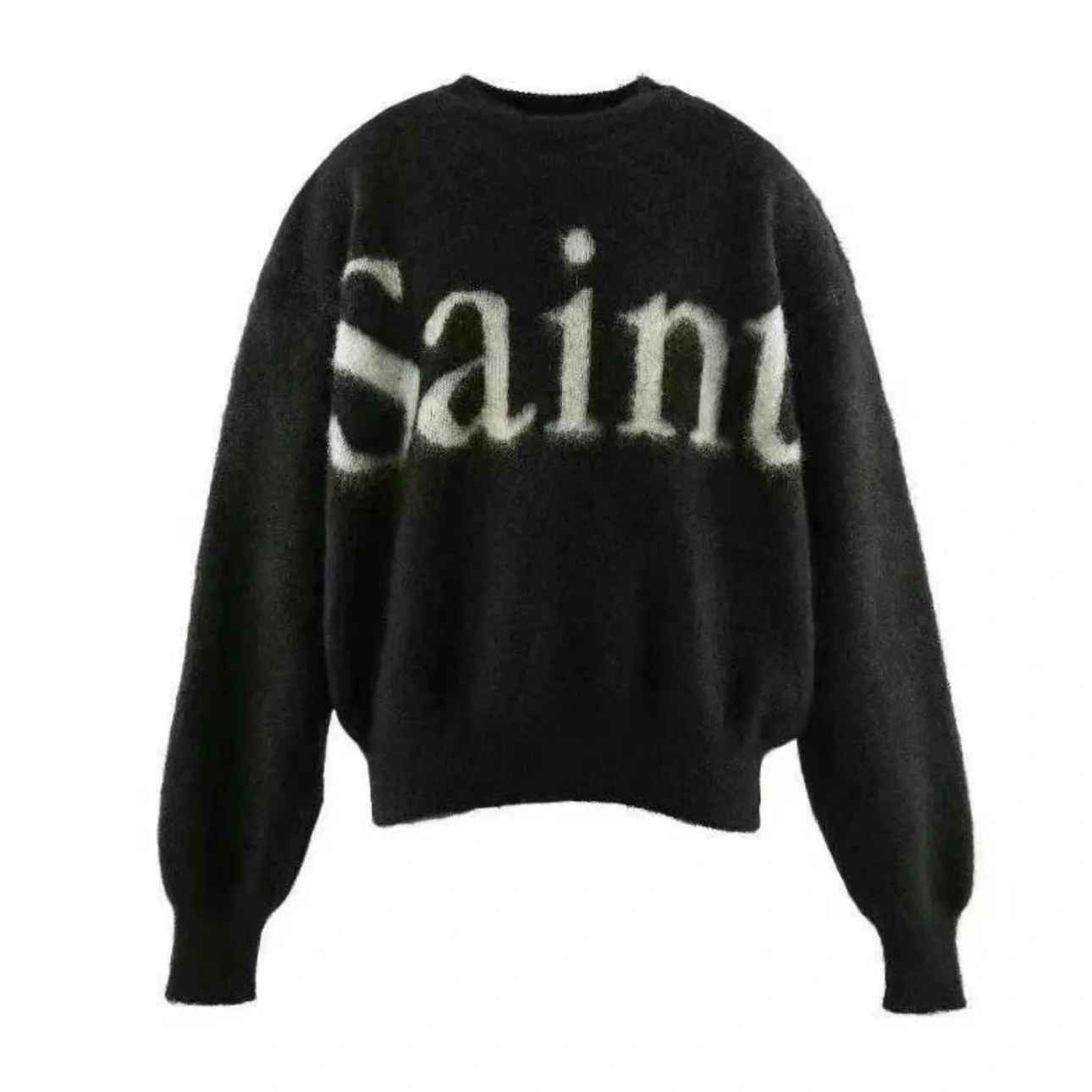 ❥4029#P226 SAINT Mxxxxxx × DENIM TERAS mohair sweater long sleeves BTS same style loose short design + fluffy version same style for men and women Color: Black Size: S M L XL